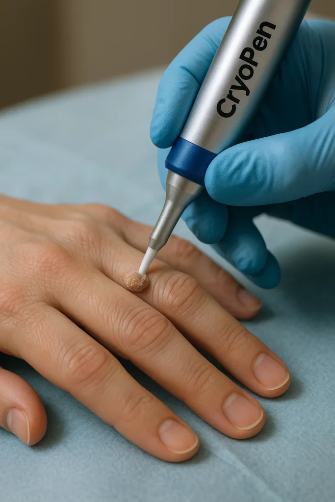example of cryopen wart removal ENGLAND treatment on a persons finger