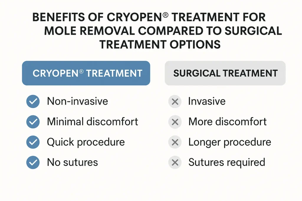 Table to show the benefits of getting moles removed ENGLAND from LA LIPO