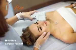 Woman having Hi-Fu to reduce wrinkles ENGLAND.