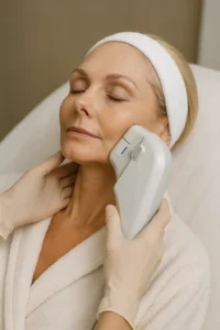 Woman receiving HIFU non surgical facelift treatment ENGLAND