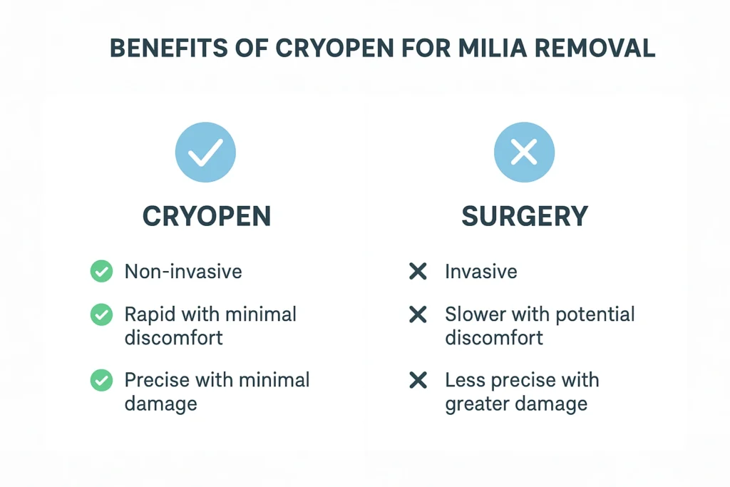 Benefits of cryopen for milia removal ENGLAND compared to surgical treatments.