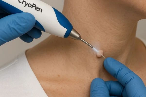 Person receiving cryotherapy ENGLAND for skin tag removal