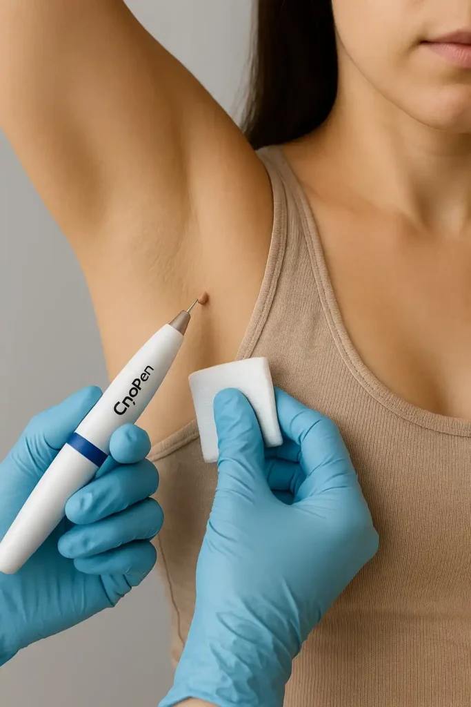 woman having cryopen to remove underarm skin tags ENGLAND