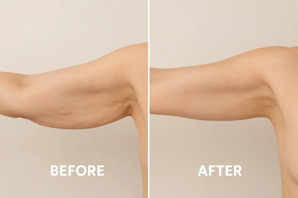 Picture of LA LIPO ENGLAND before and after results of skin tightening treatment on the upper arms.