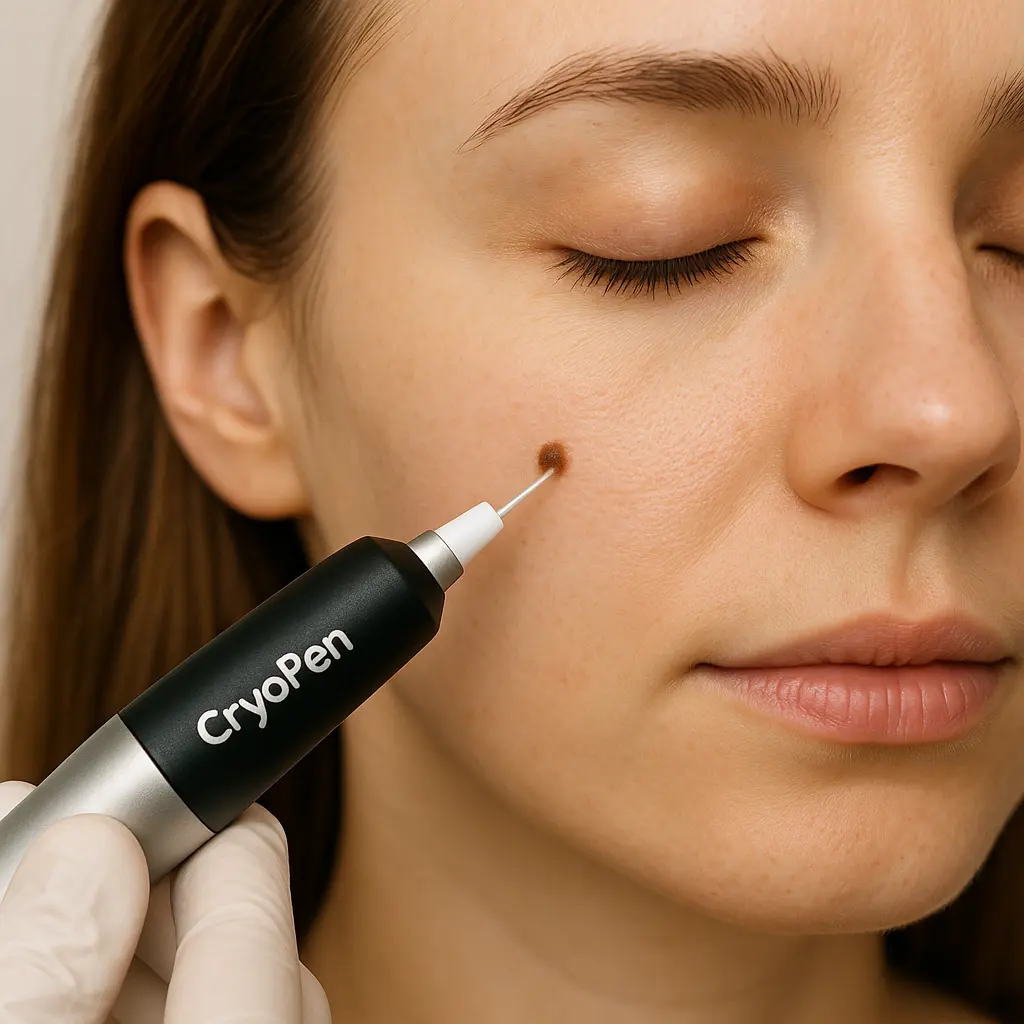 woman receiving facial mole removal ENGLAND using cryopen