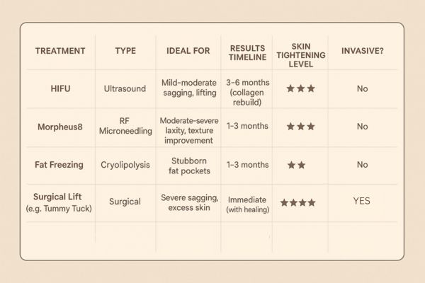 Table showing the comparisons of Skin tightening ENGLAND treatment options.